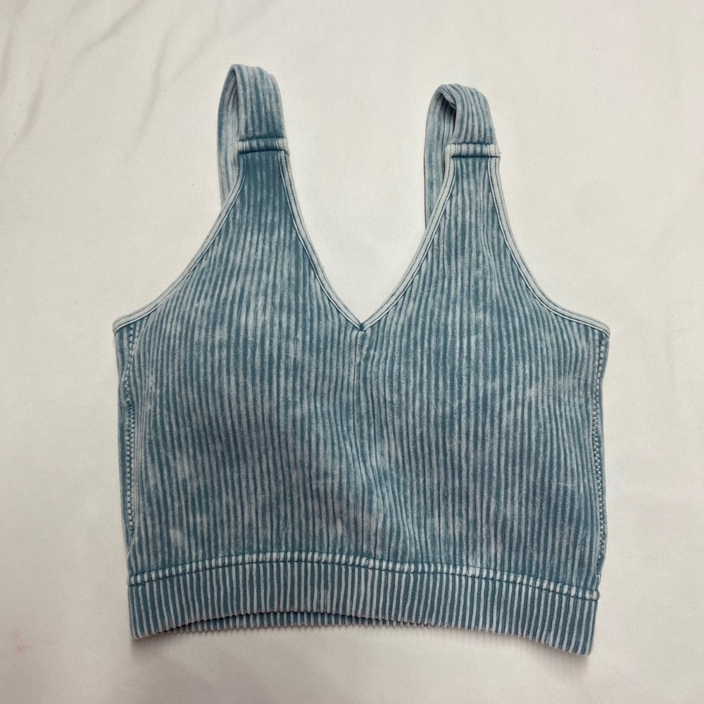 Zenana Ribbed Mineral Wash V-Neck Crop Top Blue NTW-6175A L/XL